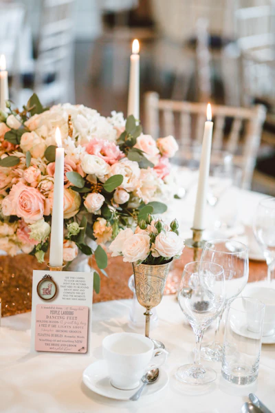 Festive reception tables styled with vibrant florals and warm candlelight